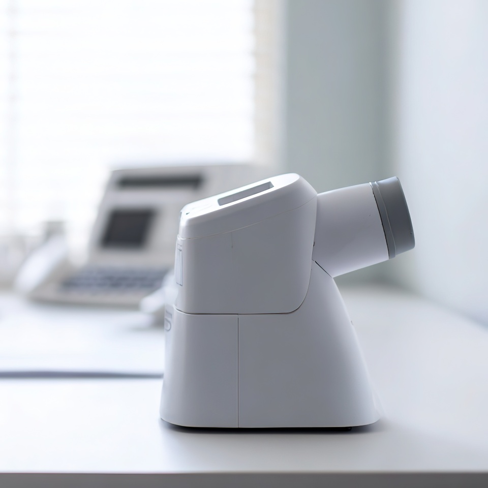 A digital medical device sits on a white table in a clinical setting, with blurred office equipment in the background.
